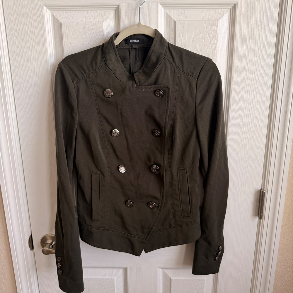 Express Womens Olive Green Military Band Jacket Double Breasted Crest Button 4